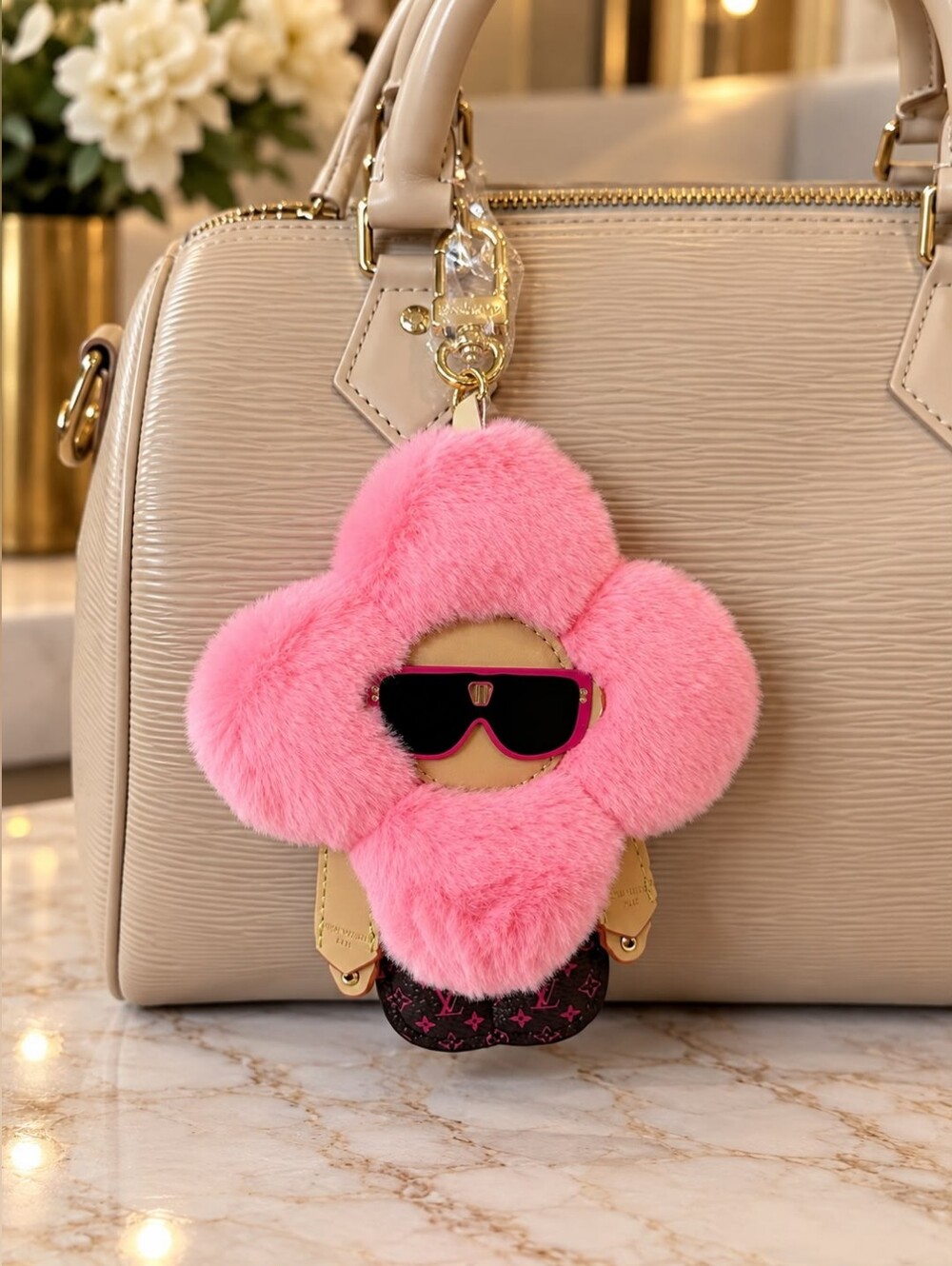 Keychain Plush Flower Pink Monogram Charm Bag